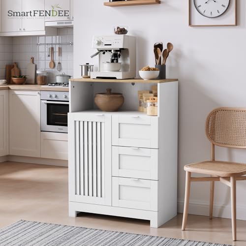 Smart FENDEE Bathroom Storage Cabinet with 3 Drawers, Floor Cabinet with Louvered Door, Freestanding Storage Unit for Bathroom, Kitchen, Living Room, White - size: 33.86" Small Floor Cabinet