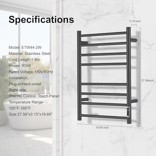 Towel Warmer Bathroom Wall Mounted Drying Rack Plug-in Electric Heated Towel Rack Stainless Steel Black with Timer & Temperature Control 8 Bar - color: Black With Timer 8 Bar Etw44-2, size: 8 Bar