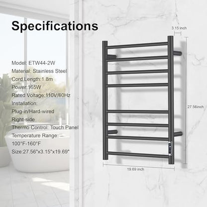 Towel Warmer Bathroom Wall Mounted Drying Rack Plug-in Electric Heated Towel Rack Stainless Steel Black with Timer & Temperature Control 8 Bar - color: Black With Timer 8 Bar Etw44-2, size: 8 Bar