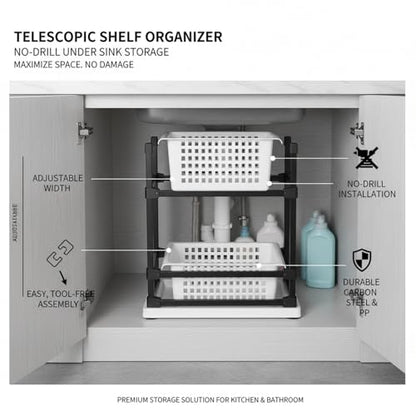 Adjustable Telescopic Cabinet Shelf, Tool-Free Under Sink Organizer Rack, Carbon Steel and PP Plastic Storage Solution for Kitchen and Bathroom - size: 9.84 x 5.71 x 4.53 in