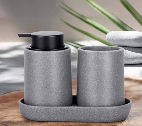 Clasin Home Grey Bathroom Accessories Set, 3 Pcs Resin Bathroom Accessories Complete Set, Sandstone Look Soap Dispenser with Large Pump, Toothbrush Cup, Soap Dish for Modern Home Decor and Kitchen