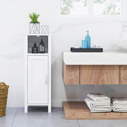 COSTWAY Bathroom Storage Cabinet, Freestanding Narrow Storage Organizer with Open Shelf & Adjustable Shelf, Small Slim Floor Cabinet for Bathroom, Living Room, Entryway, Office, White | with Open Shelf & Adjustable Shelf, Small Slim Floor Cabinet for Bath