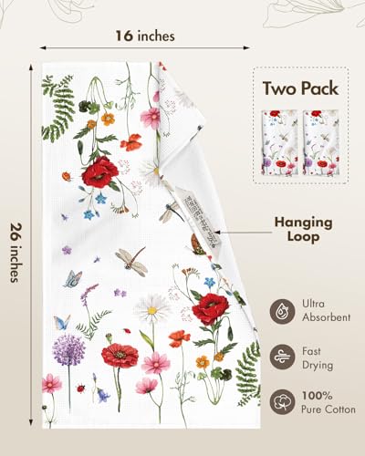 2pcs Cotton Waffle Kitchen Towels, Wildflower | Waffle Weave, Terry Cloth, Pure Cotton, Sustainable, 16"x26", Highly Absorbent, with Hanging Loop, Giftable Package - color: Wildflower