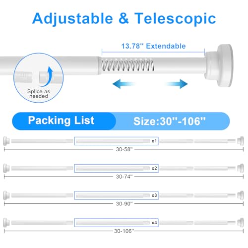 White Shower Curtain Rod Adjustable 30-74 Inch, 7/8"Diameter 304 Stainless Steel Never Rust Non Slip Heavy Duty Tension Rod, No-Drill Spring Curtain Rod for Bathroom Kitchen - color: White, size: 30-74 Inch