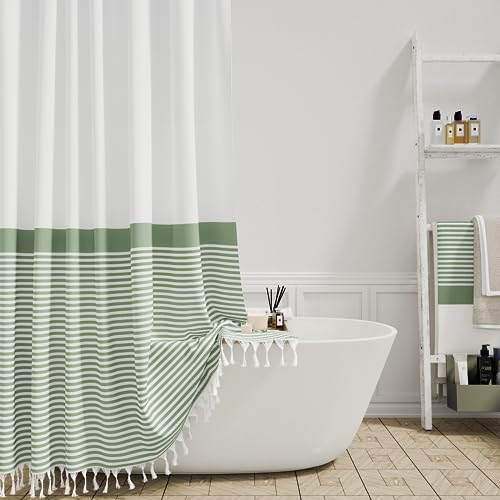 Dynamene Sage Green Fabric Shower Curtain, Farmhouse Boho Striped Tassel Shower Curtain for Bathroom, Bohemian Textured Cloth Shower Curtain Set with Hook, Water Repellent, Wrinkle Free, 72x72 - color: A. Sage Green, size: 72"W x 72"L (Pack of 1)