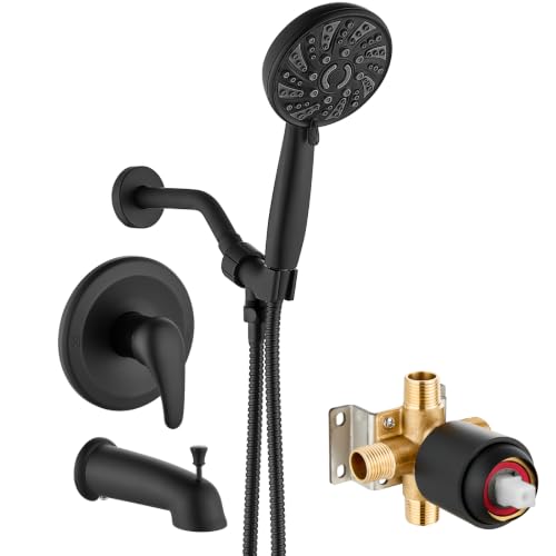 gotonovo Tub Shower Faucet Set with Valve 6 Mode Handheld Matte Black | Bathtub Faucet Set,6 Mode ABS Handheld Spray,6.3’’ Metal Tub Spout,Brass Valve Trim Kit,Shower Head and Handle Kit,Wall Mount - color: Matte Black