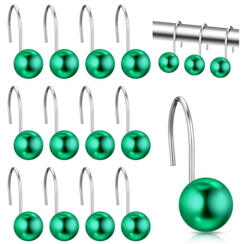 12 Pcs Cute Shower Curtain Hooks Shower Curtain Rings Artificial Pearl Decorative Vintage Rustproof Hooks for Bathroom Country Farmhouse Decor (Green) - color: Green
