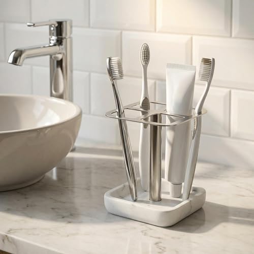 Silver Toothbrush Holder for Bathrooms, Stainless Steel | 1 stainless steel silver toothbrush holder, one of the best toothbrush holders for bathrooms, ideal for daily family use.