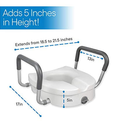 RMS Raised Toilet Seat - 5 Inch Elevated Riser with Adjustable Padded Arms | Toilet Safety Seat for Elongated or Standard Commode