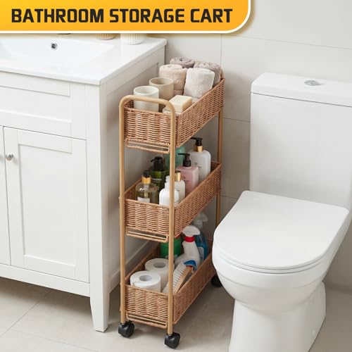 Utility Slim Storage Cart,3-Tier Rolling Kitchen Office Laundry Room Cart,Mobile Shelving Unit Organizer for Living Room Bathroom Baby Diaper Narrow Places (Natural, 3 Tiers-7.1 inch (W)) - color: Natural