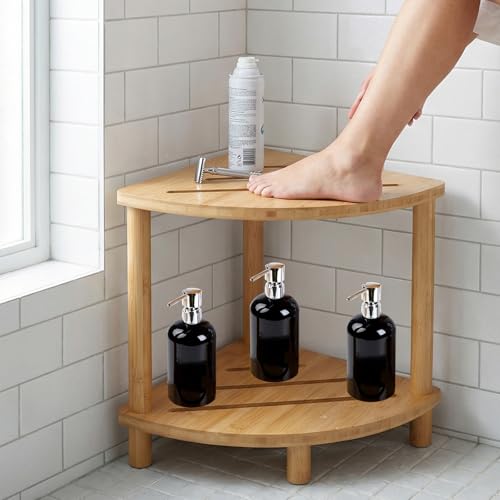 2-Tier Bamboo Corner Shower Stool,Shower Foot Rest for Bathroom Sauna | Non-Slip Adjustable Shower Feet Stool for Shaving Legs with Storage Shelf, Space Saving Shower Bench for Kitchen, Entryway