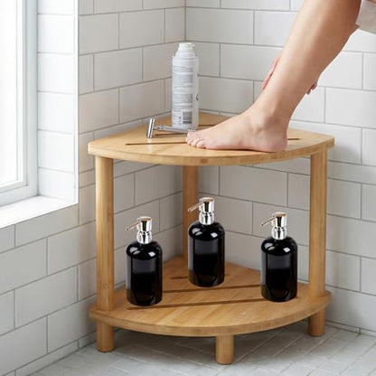 2-Tier Bamboo Corner Shower Stool,Shower Foot Rest for Bathroom Sauna | Non-Slip Adjustable Shower Feet Stool for Shaving Legs with Storage Shelf, Space Saving Shower Bench for Kitchen, Entryway