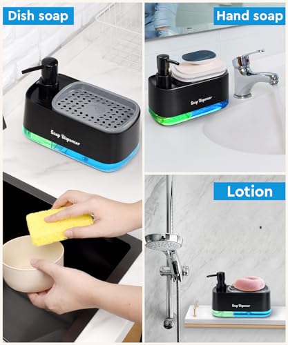Hand and Dish Soap Dispenser Set for Kitchen, Dual Soap Dispenser with Sponge Holder, 3-in-1 Countertop Soap Pump Dispenser for Kitchen Sink, Useful Kitchen Gadgets - Black - color: Black