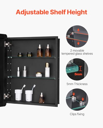 VEVOR Medicine Cabinet, 24 x 30 inch, Medicine Cabinet for Bathroom with Mirror, Aluminum Frame Bathroom Wall Cabinet, 2-Layer Adjustable Shelves, Recessed & Wall-Mounted Installation - size: 24x30in