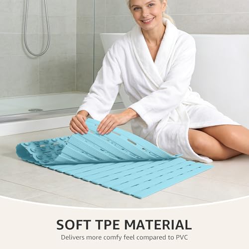 OTHWAY Shower Mat Non Slip, 36.6" x 16.9" Non Slip Soft Bath Mat for Tub, Shower Anti Slip Mat with Suction Cups, Easy to Cut Shower Floor Mat, Machine Washable Bathtub Mat, Light Blue - color: Blue