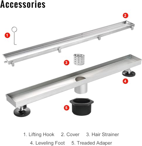 SaniteModar 32 inch Linear Shower Drain Brushed with Tile Insert Grate | AISI 304 Stainless Steel Brushed Shower Floor Drain Rectangle Linear Drain with Hair Fliter and Adjustable Feet - color: Stainless Steel, size: 32 inch