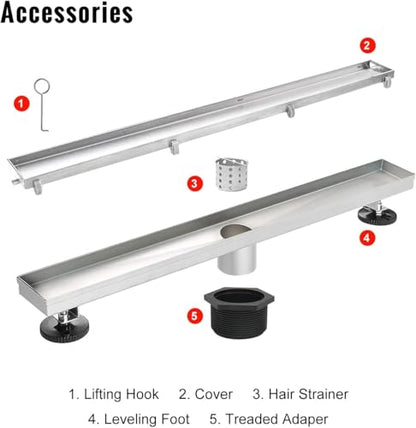 SaniteModar 48 inch Linear Shower Drain Brushed with Tile Insert Grate | AISI 304 Stainless Steel Brushed Shower Floor Drain Rectangle Linear Drain with Hair Fliter and Adjustable Feet - color: Stainless Steel, size: 48 inch