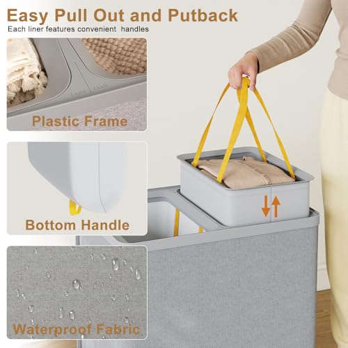 Double Laundry Hamper with Lid, 150L Large Laundry Basket 2 Compartments | Gasvadivum Dirty Clothes Hamper 2 Section with Portable Liner Bags and Handles for Laundry Room, Bedroom, Easy Assembly, Grey - color: Grey