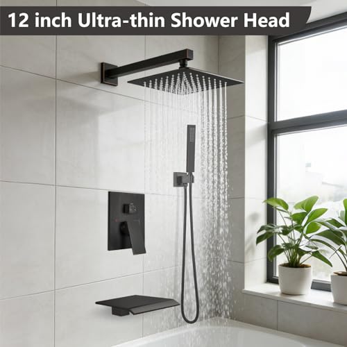 Midanya Shower System with Tub Spout,Bathtub Shower Faucet Set with Square Rainfall Head and Handheld Sprayer Wall Mount Tub Faucet Set with Valve and Trim Kit,12 Inch Oil Rubbed Bronze - color: Oil Rubbed Bronze, size: 12 Inch