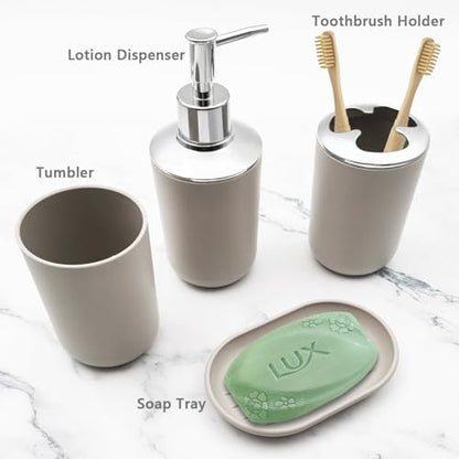 Bathroom Accessory Set, 4 pcs Shatter-Resistant Resin Bathroom Accessories Set Include Lotion Soap Dispenser Toothbrush Holder Soap Dish Modern Bathroom Decor, Gift for Home (Beige 4pcs) - style: Beige 4pcs