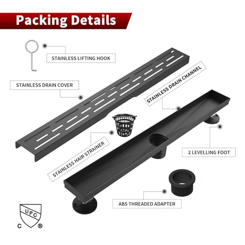 Sharp-tec Linear Shower Drain, 28 inch Shower Drain with Removable Pattern Cover, Matte Black 304 Stainless Steel Rectangle Floor Drain, Adjustable Feet and Hair Strainer Included (Model 101) - color: Matte Black, size: 28 inch