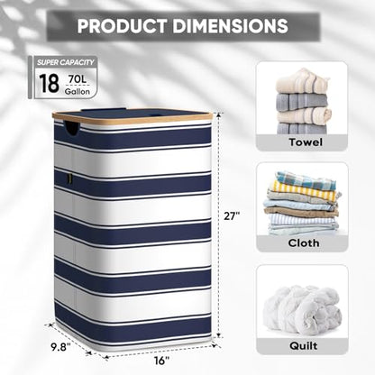 BALEINE Laundry Hamper with Lid, Tall Laundry Baskets with Bamboo Pull Handles, Large Laundry Bin with Internal Support (18 Gal/70L, Blue Stripe) - color: Blue Stripe, size: 70 liters