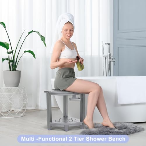 NALONE Corner Shower Stool, HDPE Shower Bench for Inside Shower, Small Shower Chair Seat for Shaving Legs with Storage Shelf, Soap Box and No-Slip Feet (Grey) | Small Shower Chair Seat for Shaving Legs, with Storage Shelf, Soap Box and No-Slip Feet, All W