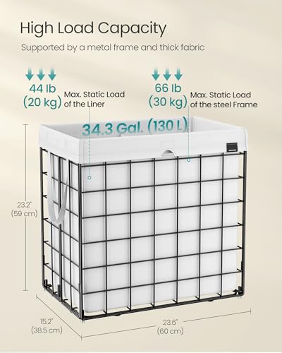 SONGMICS Laundry Hamper, 34.3 Gal. (130L) Laundry Basket, Collapsible Clothes Hamper, Removable and Washable Liner, Metal Wire Frame, for Bedroom Bathroom, Cream White ULCB113W01 - color: Cream White, size: 130 L