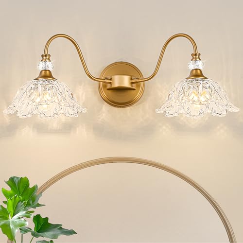 Vintage Bathroom Vanity Light, 2-Light Matte Brass Finish Vanity Light with Floral Clear Glass Shades, Retro Wall Sconce for Bathroom, Dressing Table - color: Brass, size: 2-Light