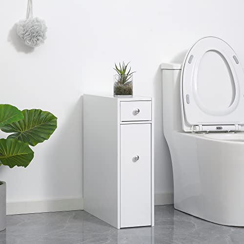 HOMCOM Bathroom Floor Organizer Free Standing Narrow Storage Cabinet White | Wooden, Space Saving, Bath Toilet Paper Holder, with Drawers