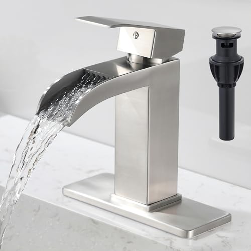 Brushed Nickel Waterfall Bathroom Faucet - Single Handle Sink Faucets Bathroom 1 Hole or 3 Hole for 4In | Modern Solid Brass Vanity Faucet with Deck Plate & Overflow Pop Up Drain - color: A-Brushed Nickel
