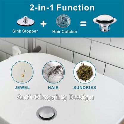 WELSAN Chrome Plated Bathroom Sink Drain Strainer 1 1/8"-1 1/2", 2 Pack | Bathroom Sink Stopper Replacement, Universal Pop-Up Drain Stopper Plug Strainer with Hair Catcher, Anti-Clogging Design - color: Chrome Plated-2