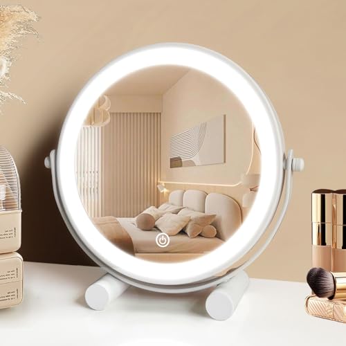 YEKKOPT Travel Vanity Mirror with Lights, 8" Small LED Makeup Mirror with Lights,360°Rotation Dimmable Portable Desk Round Mirror for Dressing Room & Bedroom,Folding Stand, White - size: 8"x8"
