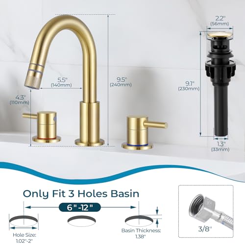 8 Inch Bathroom Faucet 3 Hole Gold Pull Down Bathroom Sink Faucet | Stainless Steel,Two Water Flow Modes,Brushed Nickle,3 hole Widespread,Pop-up Drain,Water Supply Hoses,Pull Down Sprayer, - color: A-Brushed Gold