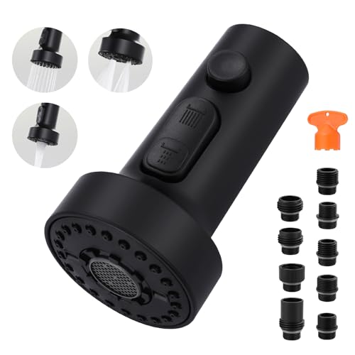 Pull Down Faucet Head Replacement: 3-Function Kitchen Faucet Sprayer Head Replacement with 9 Adapters - Matte Black Sink Faucet Head Compatible with Moen, Delta, American Standard Faucets - color: Matte Black