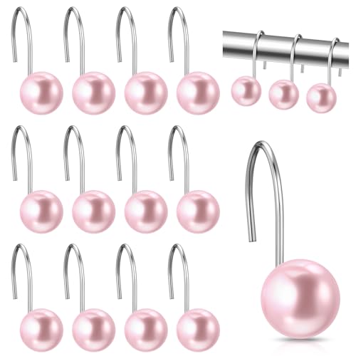 12 Pcs Cute Shower Curtain Hooks Shower Curtain Rings Artifical Pearl Decorative Vintage Rustproof Hooks for Bathroom Country Farmhouse Decor (Pink) - color: Pink