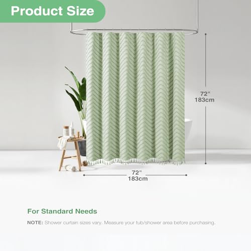 Sage Green Boho Shower Curtain and Liner Set, Farmhouse Fabric Shower Curtain and Waterproof Clear Liner, Tufted Chevron Striped Textured Tassel Shower Curtains for Bathroom, 12 Hooks, 72x72 - color: Sage Green, size: 72"W x 72"L (Pack of 1)