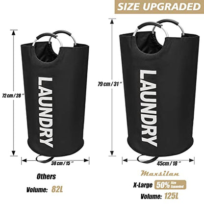 Maxsilan 125L X-Large Laundry Basket Bag, Collapsible Tall Hamper, Black | Freestanding tall laundry bag & foldable washing basket. Extra large clothes storage bin with durable sturdy handles - color: Black, size: 125L