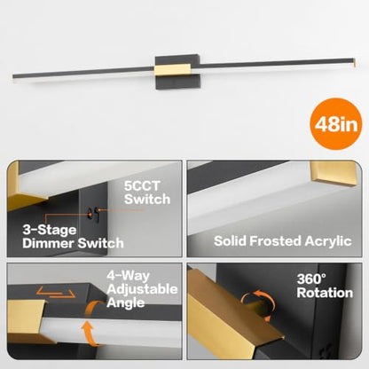 SOLFART Bathroom Vanity Lights 48-Inch: Black and Gold 5CCT Dimmable Bathroom Lights Over Mirror, Solid Frosted Acrylic, Built-in Dimmer, CRI88 Soft Light, ETL IP44 - color: Black Gold-5CCT, 5-Step Brightness Control, size: 48 inch