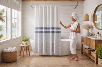 Striped Cotton Blend Shower Curtain with Fringe, Luxury Jacquard Fabric, Machine Washable, 72x72 Inch, Seabreeze - color: Seabreeze