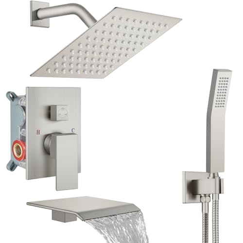 Midanya Shower System with Tub Spout,Bathtub Shower Faucet Set with Square Rainfall Head and Handheld Sprayer Wall Mount Tub Faucet Set with Valve and Trim Kit,8 Inch Brushed Nickel - color: Brushed Nickel, size: 8 Inch