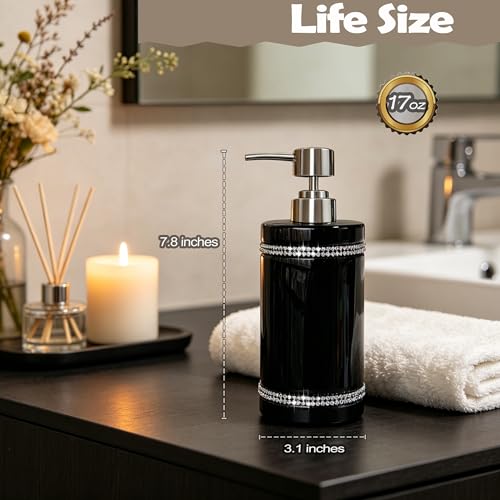 Black Ceramic Soap Dispenser with Silver Pump for Bathroom, Refillable Liquid Hand Soap Dispenser, Bling Moissanite Design for Kitchen Dish Soap, Hand Soap, Pump Bottle for Liquid (Black) - color: Black