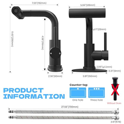 Matte Black Bathroom Sink Faucet with Pull Down Sprayer - 4 Mode Single Handle Vanity Faucet Waterfall Bathroom Faucet with Pull Down Sprayer (No Drain) - color: Black