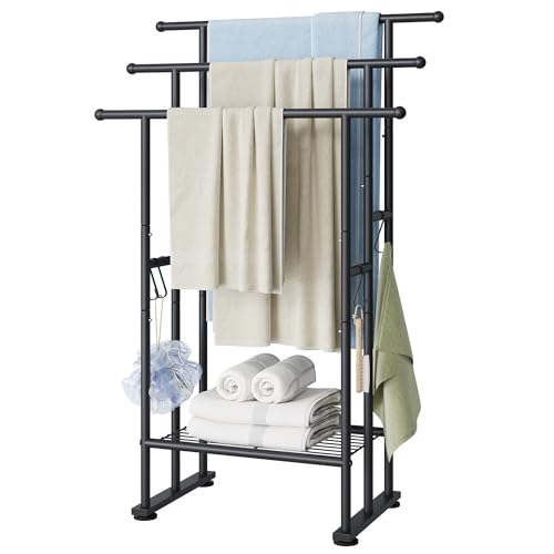 ELYKEN 3 Tier Freestanding Towel Rack with Shelf, 40" H Towel Stand, Black | Metal Drying Rack for Oversized Bath Towels & Blankets, 4 Hooks, Indoor & Outdoor Use, Fits Bathroom, Tub, Shower, Poolside - color: Black