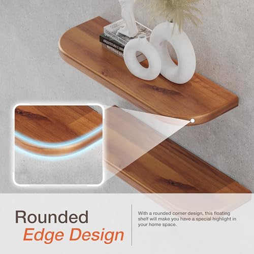 BATODA 17" Acacia Wood Floating Shelves Wall Mounted (Round Edge) – Rustic Farmhouse Wooden Wall Storage Shelf for Bedroom, Kitchen - Brackets and Shelving Hardware Included (Acacia Color) | Safe Round Edges, 100 lb Capacity, Hidden Brackets, Complete Har