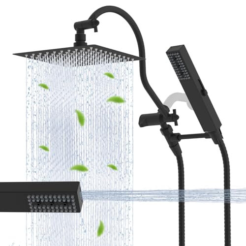 Hibbent All Metal cUPC Certified Shower Head, 8'' High Pressure Rainfall Showerhead Combo, Handheld Shower Wand, 12'' Adjustable Extension Arm, 4-Spray, 71'' Hose, Brass Shower Holder, Matte Black - color: Matte Black, style: Square 8''