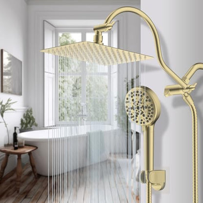 Hibbent All Metal CUPC Certified Shower Head, 10'' High Pressure Rainfall Shower Head, Handheld Showerhead Combo, 12'' Adjustable Extension Arm, 10 Sprays, 71'' Hose, Shower Holder, Brushed Gold - color: Brushed Gold, style: Square 10''