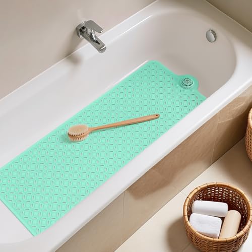 OTHWAY Bath Mat for Tub Non Slip: 39" X 17" Long Bathtub Mat with Hair Catcher│Big Drain Holes Shower Mats for Inside Shower│Machine Washable (Light Green) - color: Light Green
