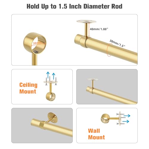 Alise Gold Curtain Rod Holder Bracket 1-1/2Inch Dia,Closet Rod Holders | Wall Mounted,Ceiling Mount Curtain Rod Flange Brackets,Stainless Steel,Curved Curtain Rod Holders,for Bathroom,Kitchen,4 Pack - color: Golden Finish, size: 38mm/1-1/2 Inch Dia.