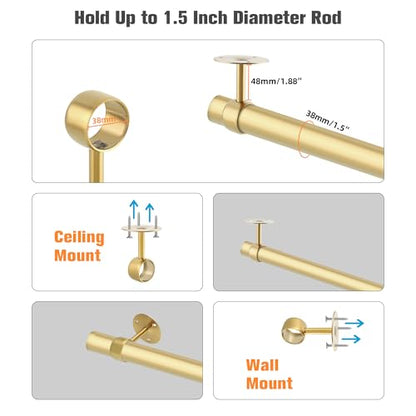 Alise Gold Curtain Rod Holder Bracket 1-1/2Inch Dia,Closet Rod Holders | Wall Mounted,Ceiling Mount Curtain Rod Flange Brackets,Stainless Steel,Curved Curtain Rod Holders,for Bathroom,Kitchen,4 Pack - color: Golden Finish, size: 38mm/1-1/2 Inch Dia.